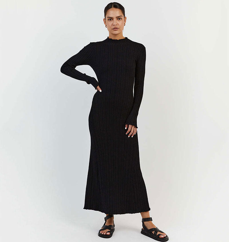 anyfreebie™- 2024 Autumn Winter Knitted Maxi Dress Elegant Women Long Sleeve Slim Pleated Robe Club Party Bodycon Long Dress Vestidos