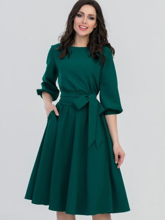 anyfreebie™- 2024 Summer Dress Women&#39;s Vintage Dress Round Neck Long Sleeve Elegant Lace Up Solid Color New Green Maxi Dresses for Women