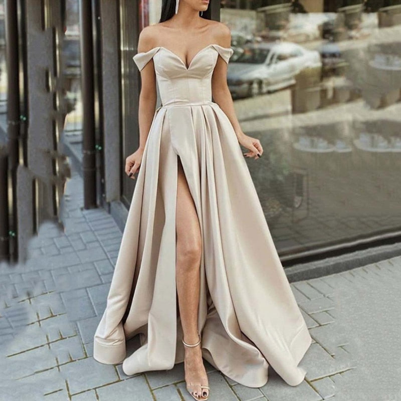 anyfreebie™- Summer Women Off Shoulder Strapless Club Party Dress Spring Elegant Slash Neck Backless Maxi Dress Short Sleeve Split Lady Dress