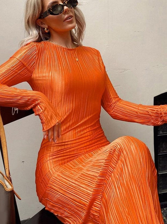 anyfreebie™- Women Fashion Long Sleeve Streetwear Bodycon Orange Midi Dress Autumn Clothes Wholesale Items For Business