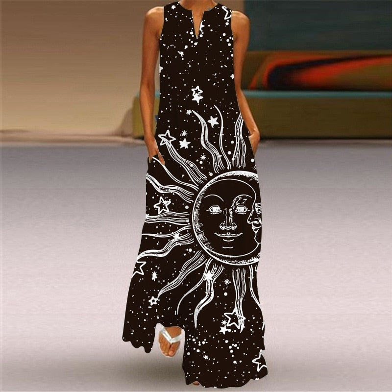 anyfreebie™-Vintage Print Women Sundress 2024 Summer Fashion Sexy V-neck Sleeveless Long Dresses with Pocket Casual Lady Maxi Dress Vestidos