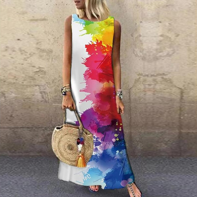 anyfreebie™-Vintage Floral Printed Women Sleeveless Sundress Summer Loose Casual Beach Long Dress Ladies Bohemia Maxi Dresses Party Vestidos