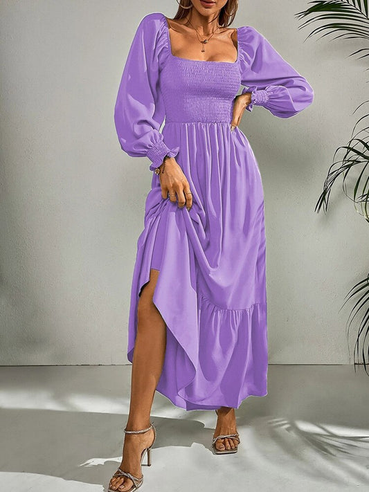 anyfreebie™-Women Fashion Panelled Midi Dress Vintage Square Neck Long Puff Sleeve A Line Female Dresses Vestidos Mujer