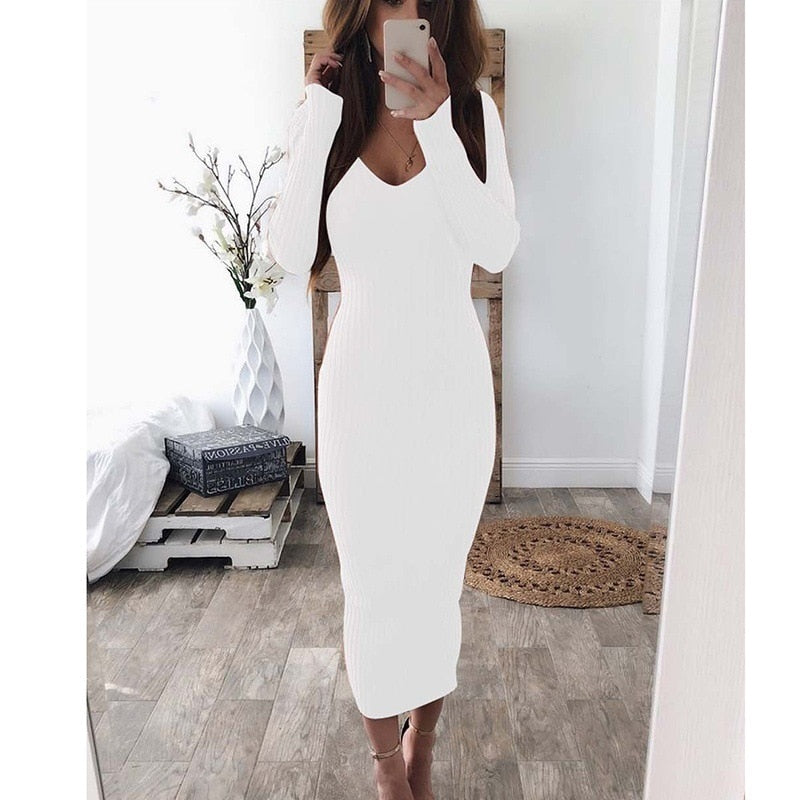 anyfreebie™-Women V-Neck Long Sleeve Knitted Ribbed Maxi Dress Spring Autumn New Solid Color Caual Slim Bodycon Robe Pencil Party Vestidos