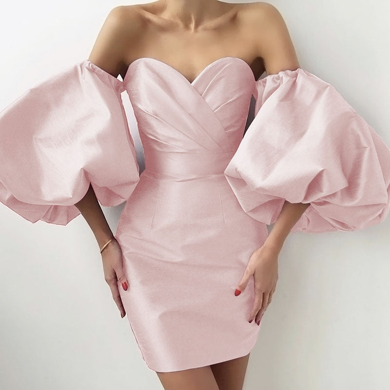 anyfreebie™- Puff Sleeves Trendy Pink Mini Dress Sexy Off Shoulder  Design Celebrity Party Club Satin Dresses Vestido