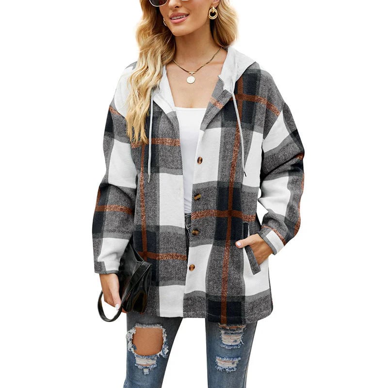 🔥Women's Plaid Button Down Fleece Lined Hooded Jackets Warm Coat