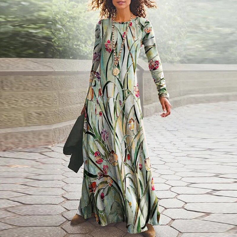 anyfreebie™- 2024 Spring Geometric Print Long Party Dress Women Elegant O Neck Office Maxi Dress Autumn Long Sleeve Hem Boho Lady Dress Mujer