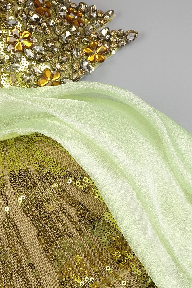 anyfreebie™-Green sequined waist one shoulder dress-vx