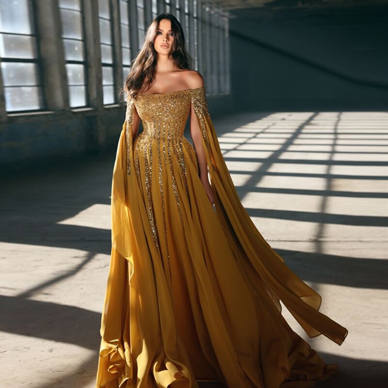 anyfreebie™- Elegant Ginger Yellow Sequined A-line Chiffon Evening Dresses With Long Split Batwing Sleeve Boat Neck Long Evening Gowns