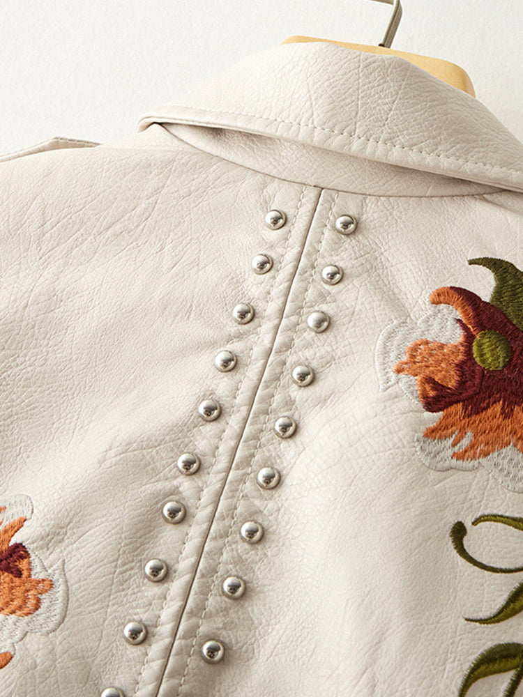 anyfreebie™-Retro Floral Print Embroidery Faux Soft Leather Jacket