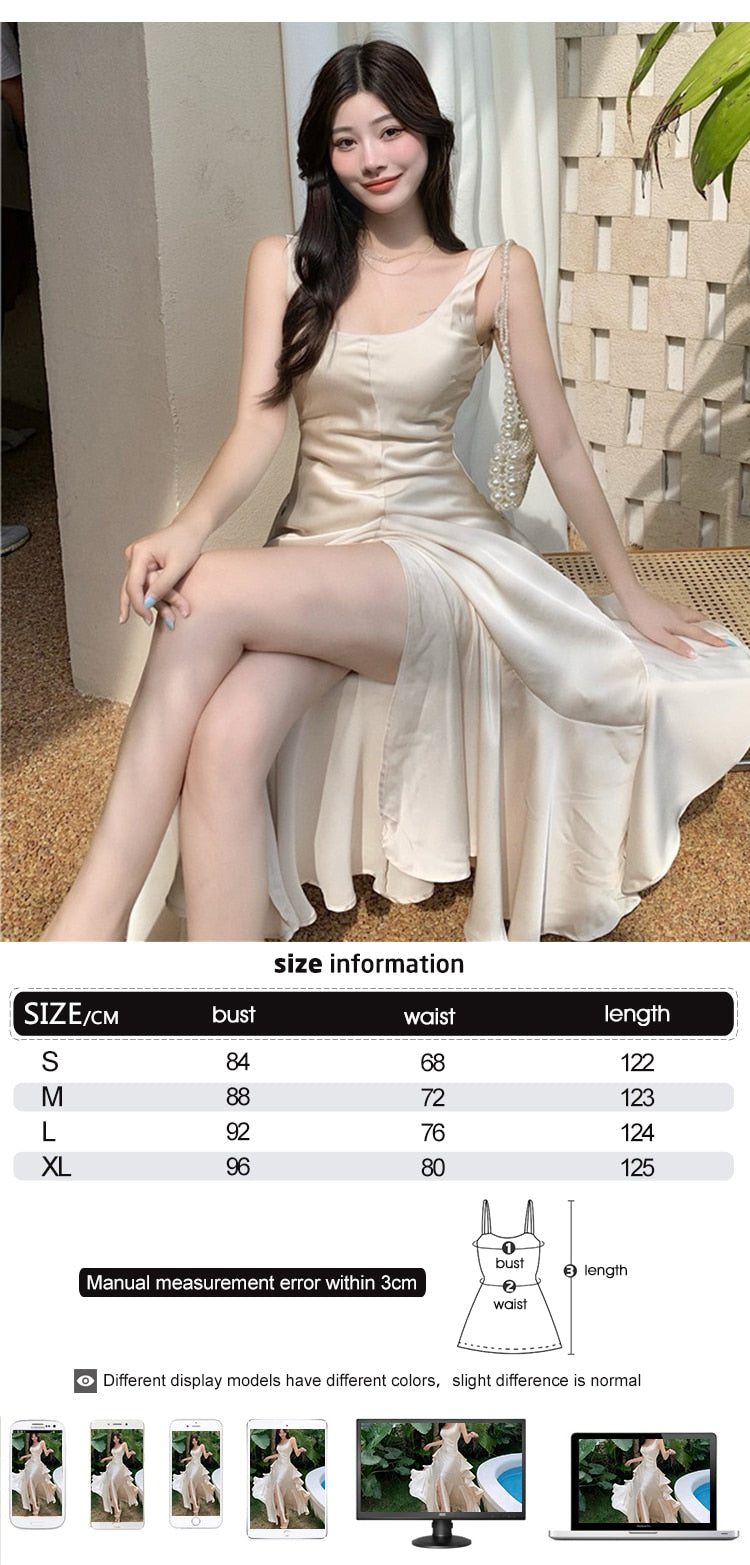 anyfreebie™-Korean Summer Satin Elegant Women Dress Casual Sexy Tank Backless Ruffle Split Maxi Party Lady Robe Femme Beach Mujer Vestidos