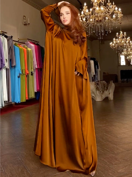 anyfreebie™- Flared Sleeves Long Sleeves Solid Color High-Neck Maxi Dresses