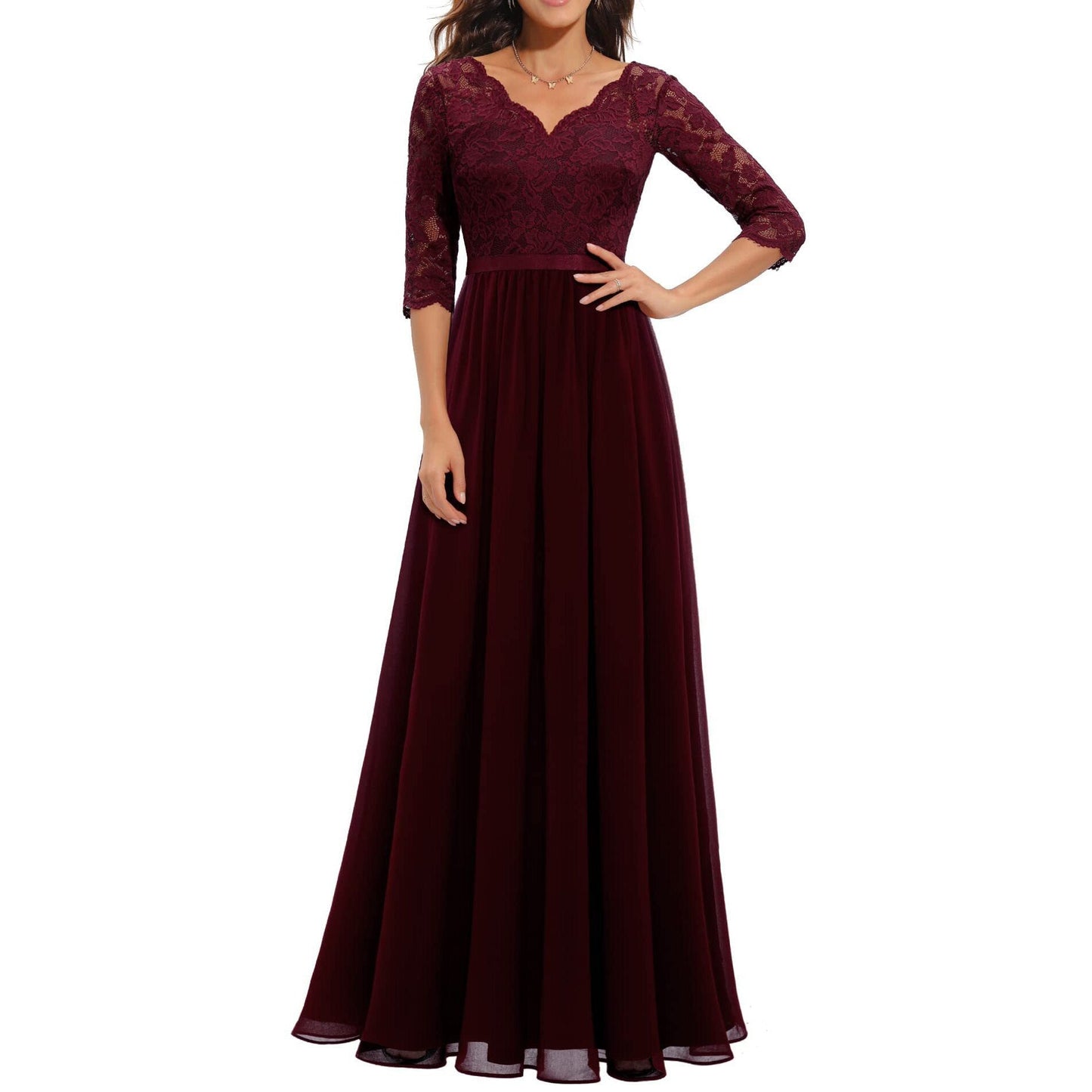 anyfreebie™- Women&#39;s Elegant Vintage V Neck 3/4 Sleeve Floral Lace Chiffon Wedding Bridesmaid Maxi Dress Long Formal Dresses