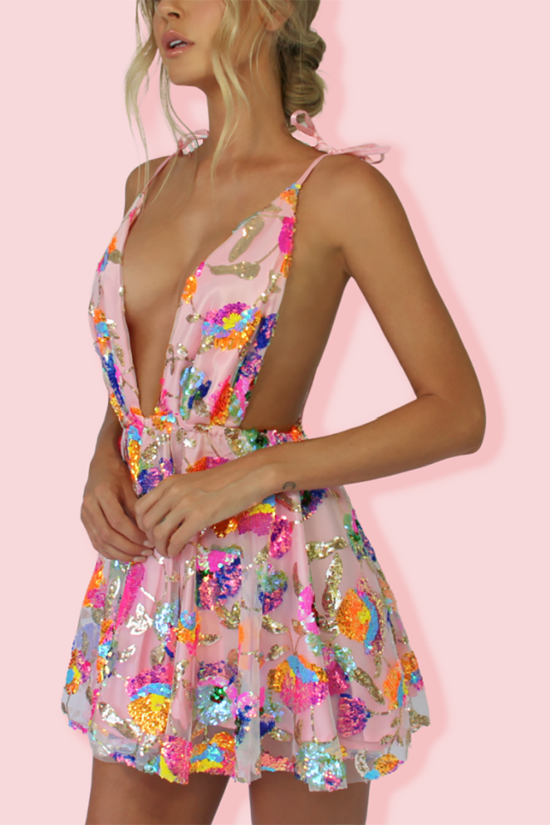 anyfreebie™- Rainbow Sequin Open Back Slip Mini Dress