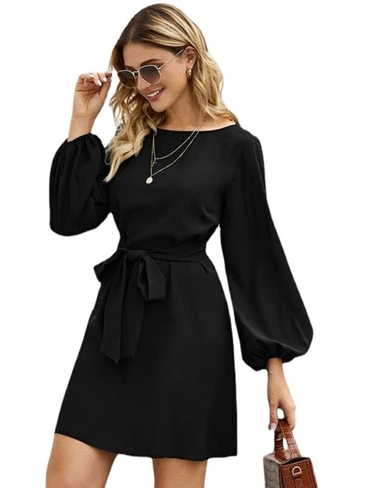 anyfreebie™-Women Midi Dress Fashion Comfortable Atmosphere Drawstring Lantern Sleeve Mini A-line Skirt Dress Summer New