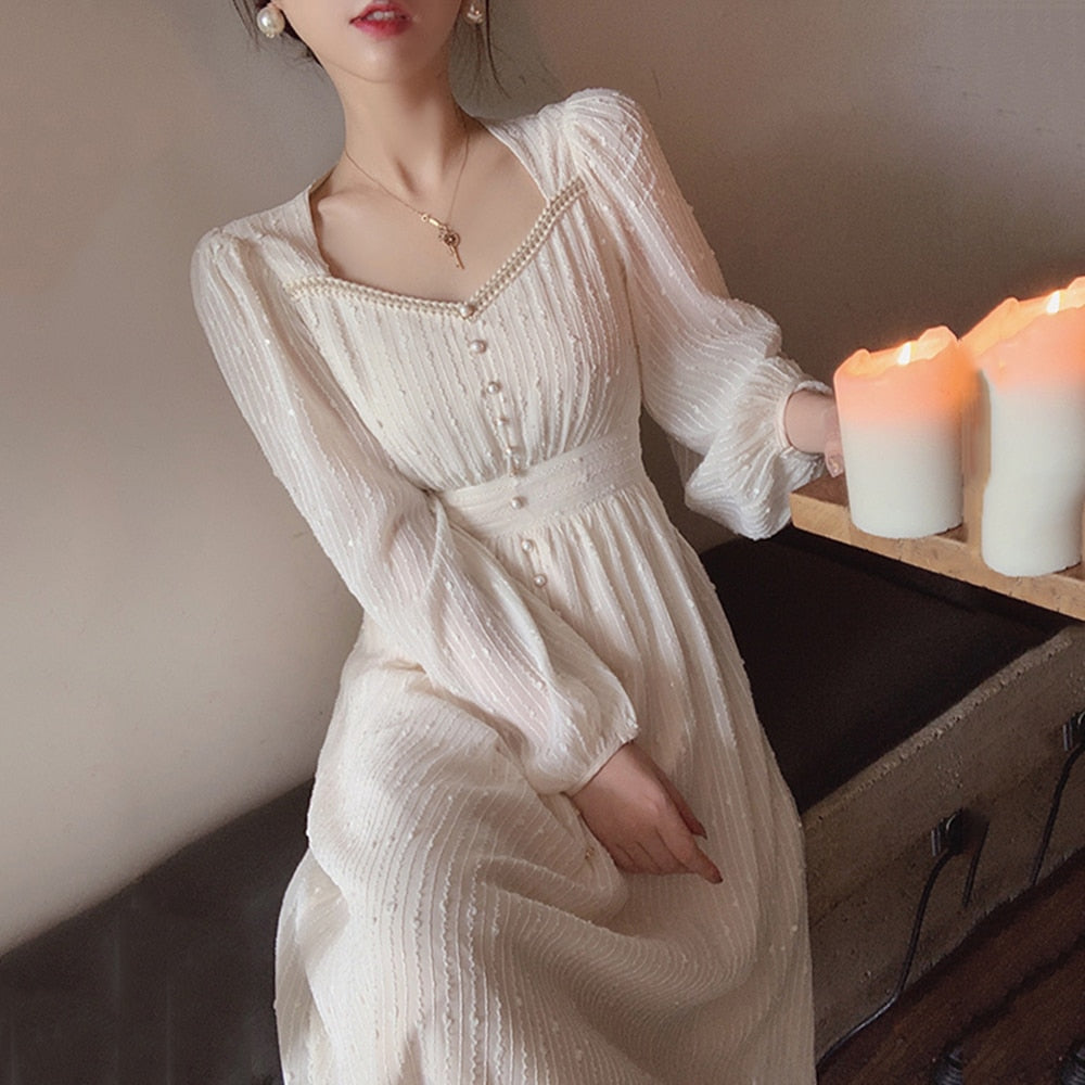 anyfreebie™- 2024 Summer New Women Fashion Elegant White Midi Dresses Vintage Princess Female Party A Line Clothes Vestdios