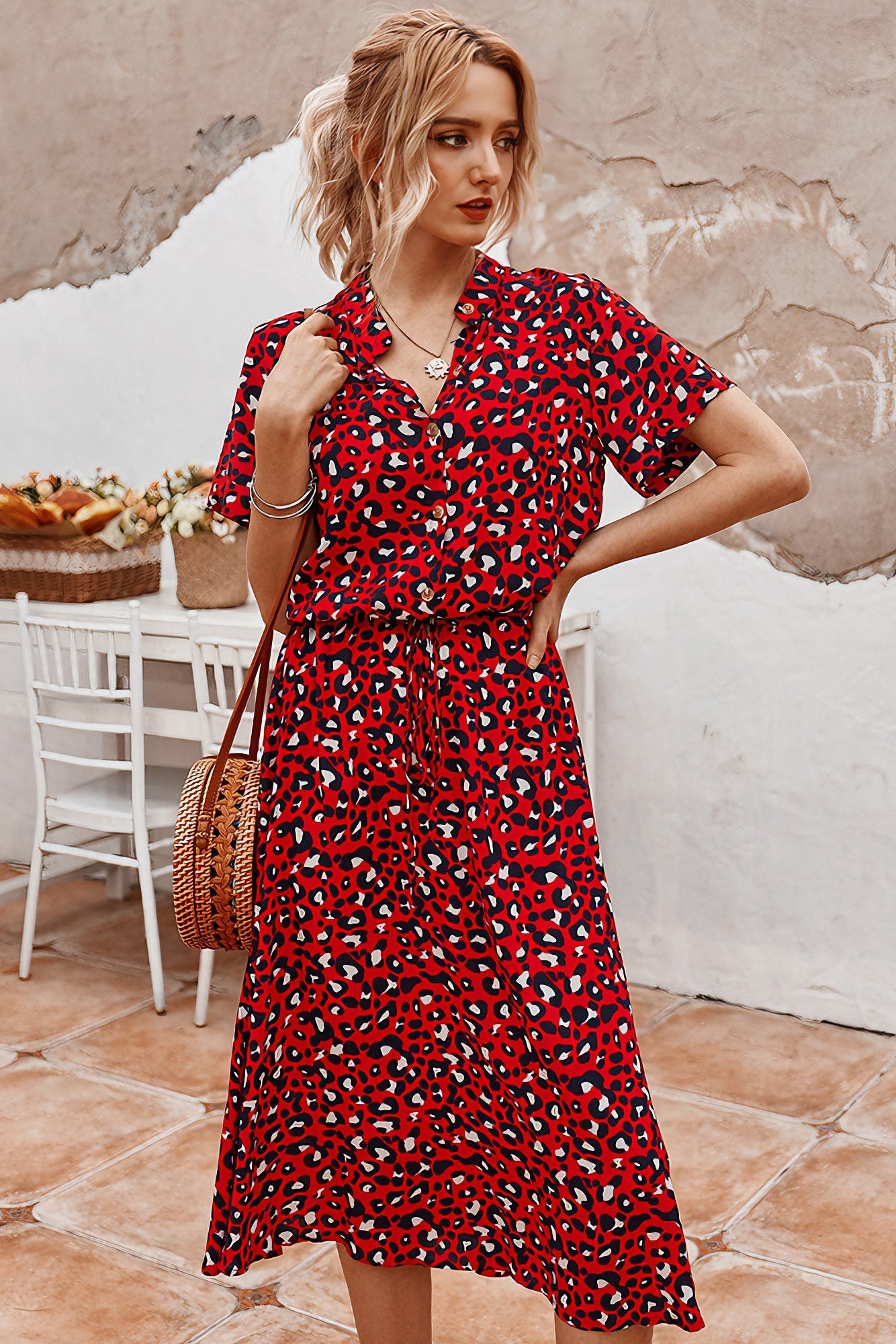 anyfreebie™-Polka-dot print short-sleeved midi dress