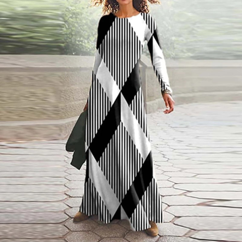 anyfreebie™- 2024 Spring Geometric Print Long Party Dress Women Elegant O Neck Office Maxi Dress Autumn Long Sleeve Hem Boho Lady Dress Mujer