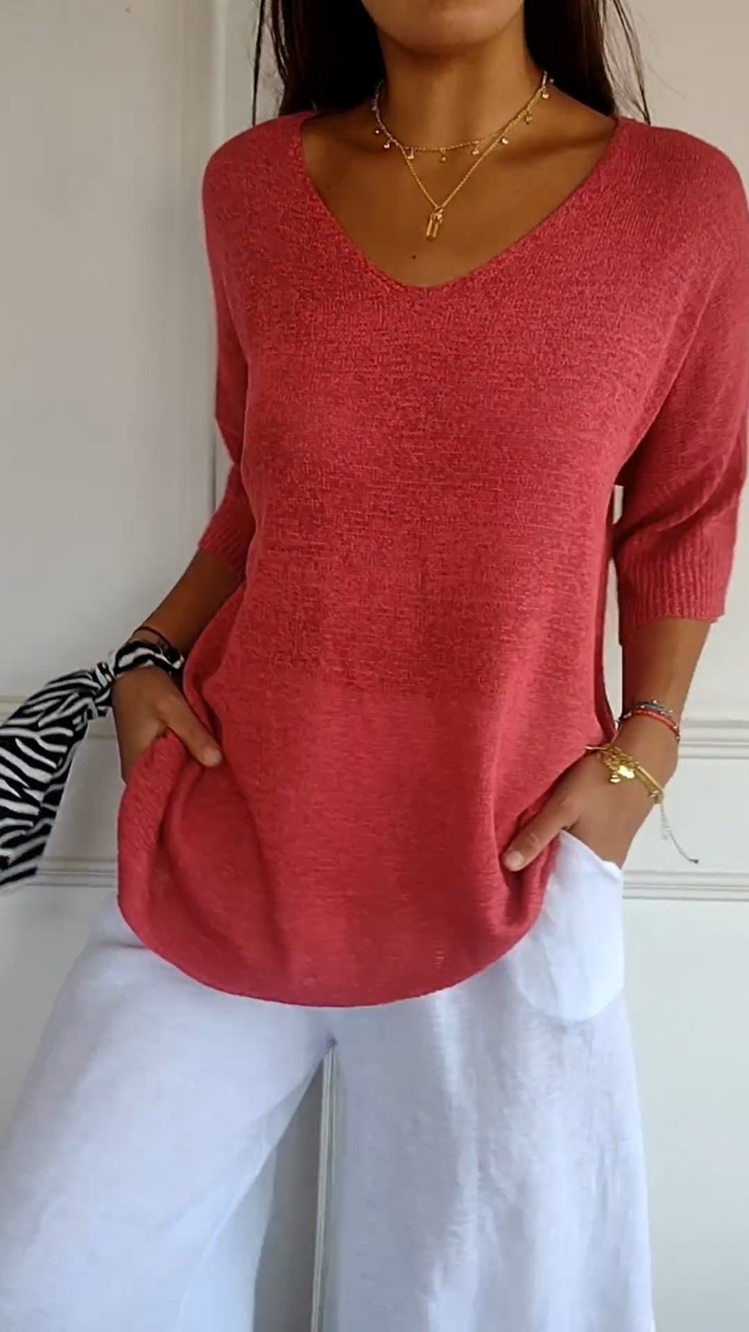 anyfreebie™-Solid Color Knitted V-neck Top