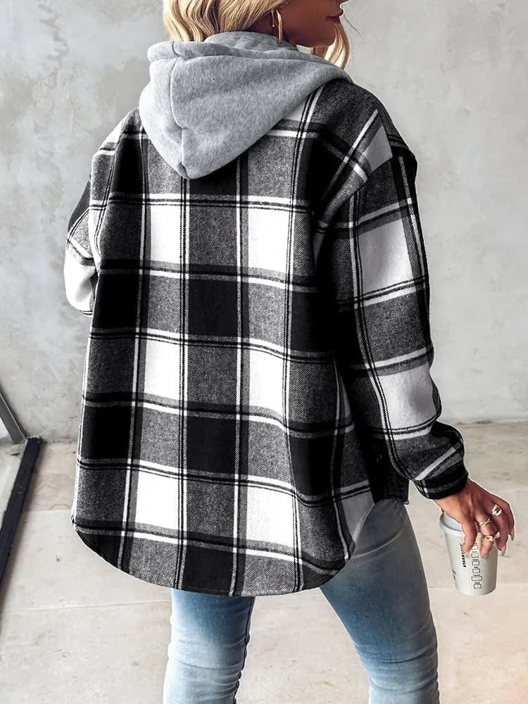 🔥Women's Plaid Button Down Fleece Lined Hooded Jackets Warm Coat