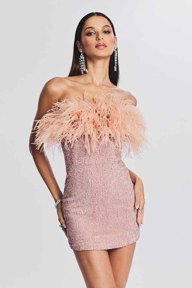 anyfreebie™-Sexy backless ostrich feather fringed tube top evening dress