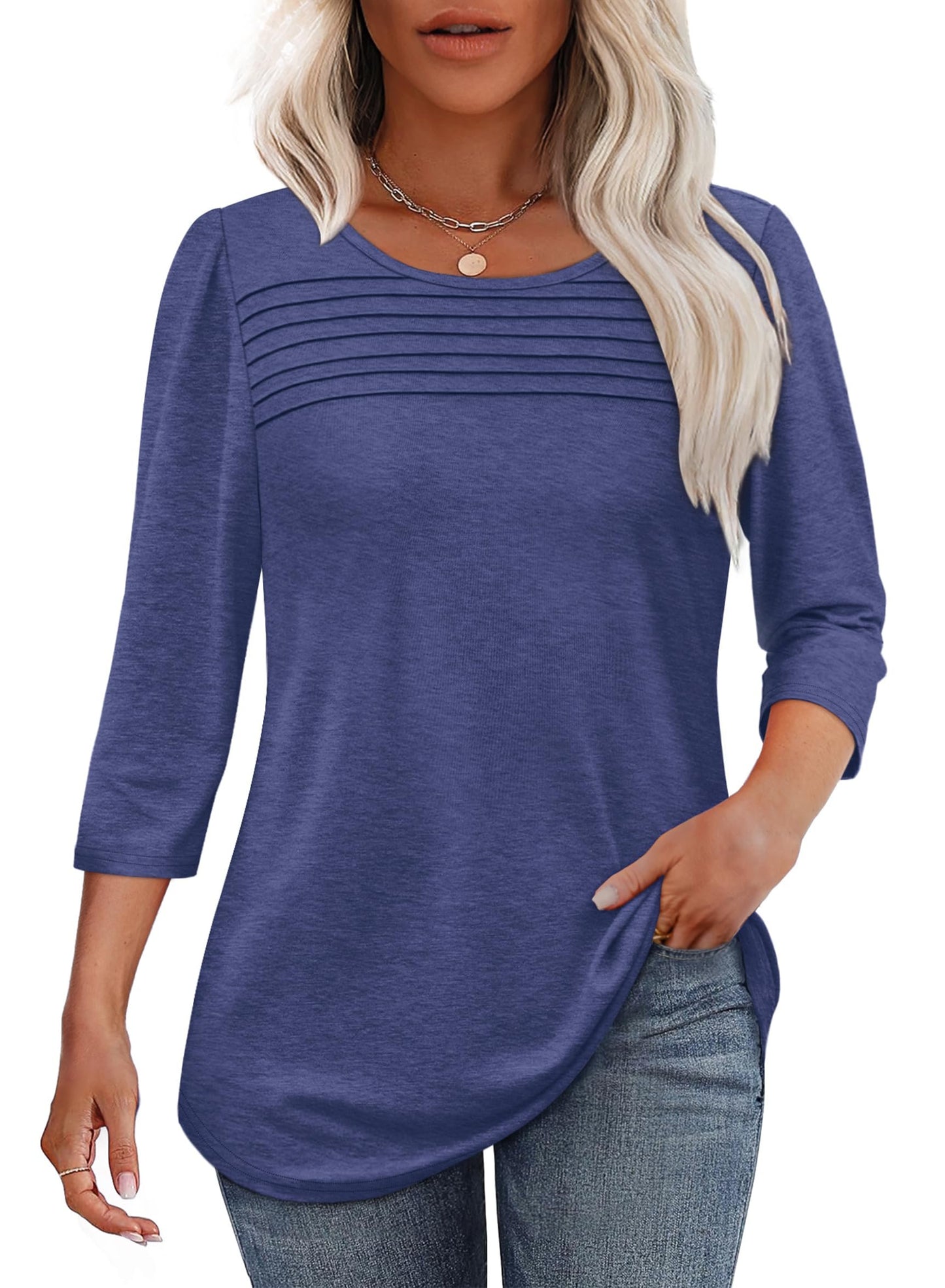 Women's 3/4 Length Sleeve Top Pleated Front T-Shirt