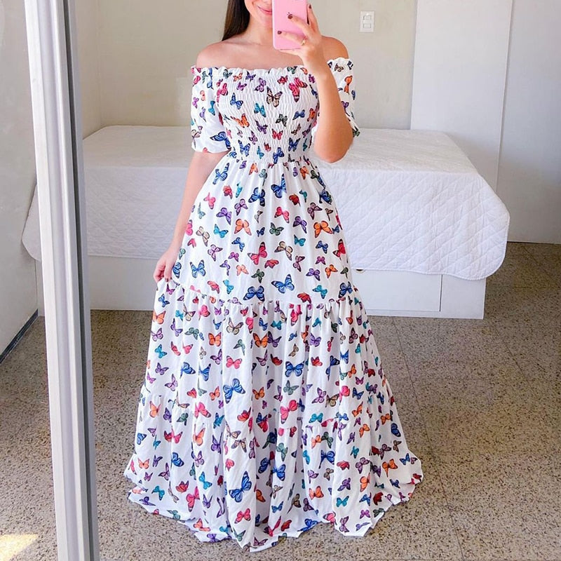 anyfreebie™-Sexy Off The Shoulder Tube Top Dress Butterfly Rainbow Floral Print Dress Ladies Elegant Slim Summer Bohemian Party Maxi Dresses