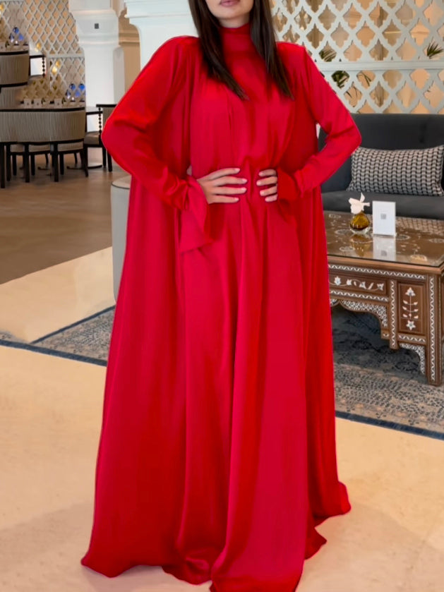 anyfreebie™- Flared Sleeves Long Sleeves Solid Color High-Neck Maxi Dresses