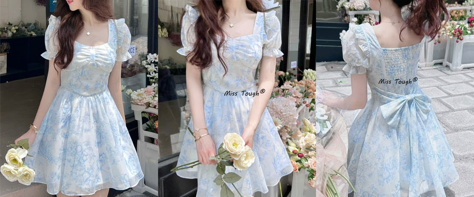 anyfreebie™ - France Floral Sexy Dress Women Elegant Party Midi Dress Casual High Waist Puff Sleeve Korean Fashion Holiday Female Dress Summer