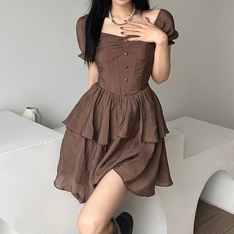 anyfreebie™-Elegant Chiffon Corset Dress Brown Flare Long Sleeve Mini Dresses Vacation Short Party Dress Ruffles Slash Neck Outfit