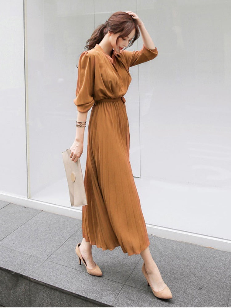 anyfreebie™- Elegant Chiffon Long Sleeve Shirt Dress Women Belt Lace Up A-line Pleated Maxi Dress Korean Fashion Fall Clothes Streetwear