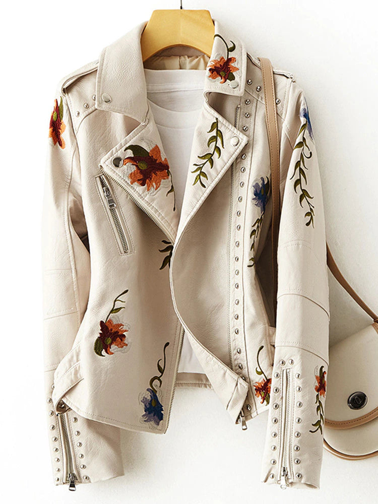 anyfreebie™-Retro Floral Print Embroidery Faux Soft Leather Jacket