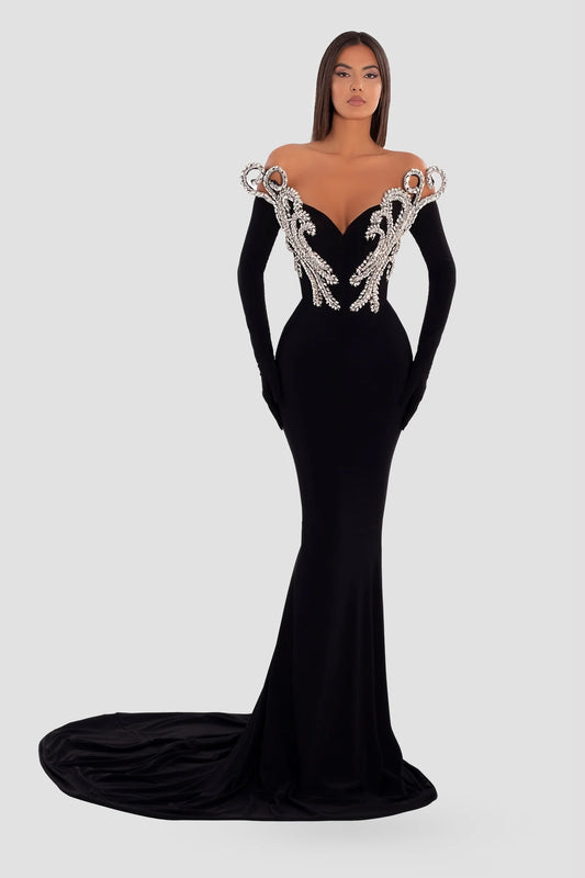 anyfreebie™-Black strapless velvet heavyweight hand-beaded dress-vx