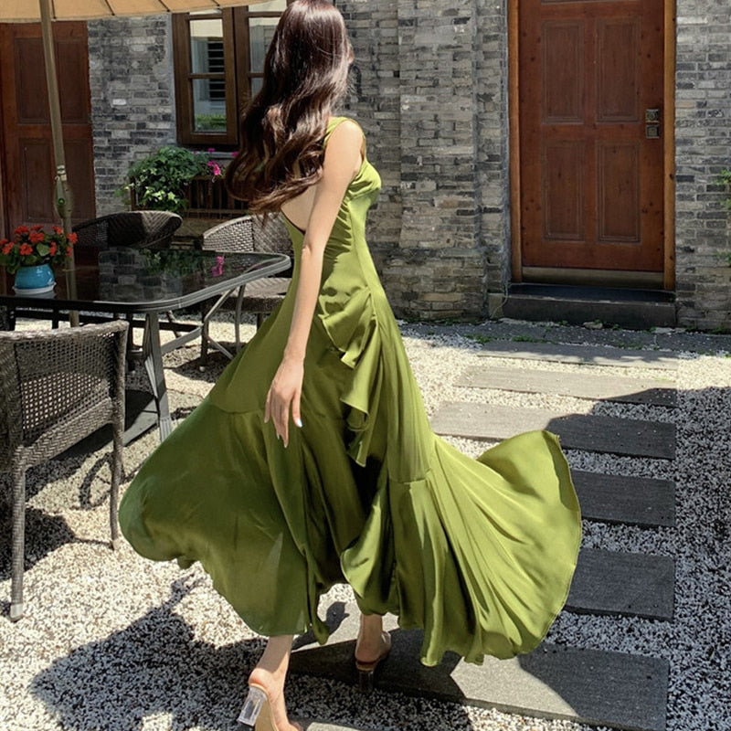 anyfreebie™-Korean Summer Satin Elegant Women Dress Casual Sexy Tank Backless Ruffle Split Maxi Party Lady Robe Femme Beach Mujer Vestidos