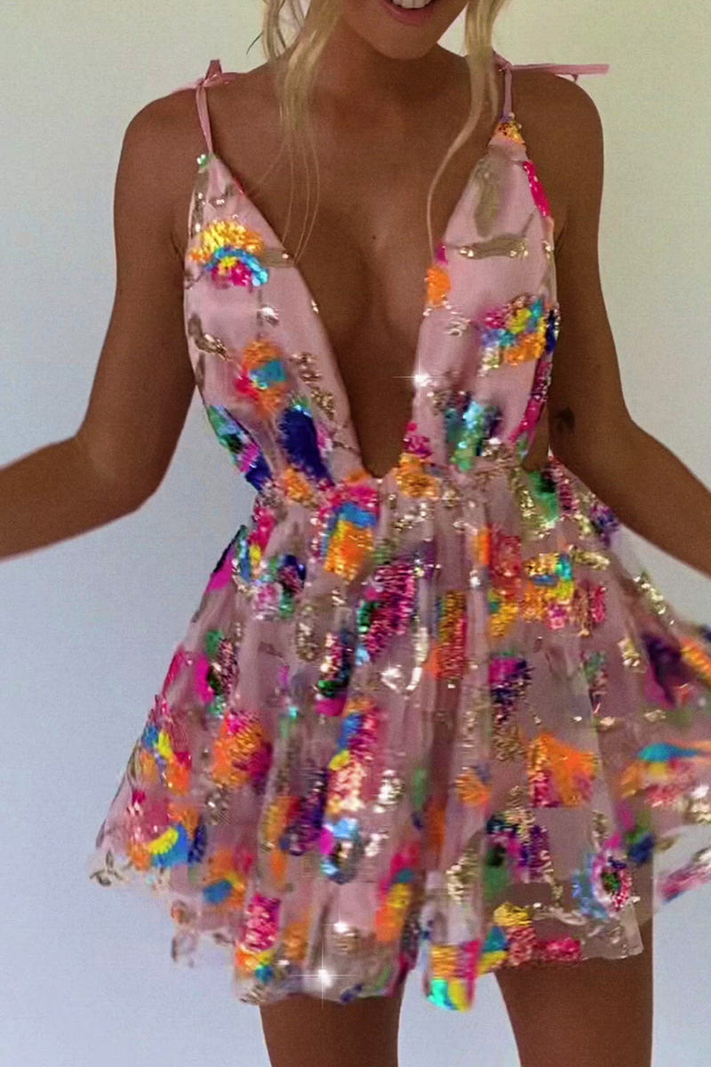 anyfreebie™- Rainbow Sequin Open Back Slip Mini Dress