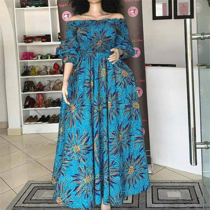 anyfreebie™- African National Print Party Dress Women Casual Sexy Slash-neck Lady Maxi Dress New Vintage Long-sleeved Loose Elegant Dress