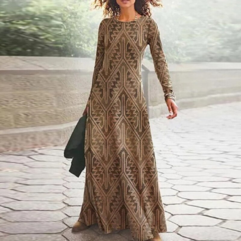 anyfreebie™- 2024 Spring Geometric Print Long Party Dress Women Elegant O Neck Office Maxi Dress Autumn Long Sleeve Hem Boho Lady Dress Mujer