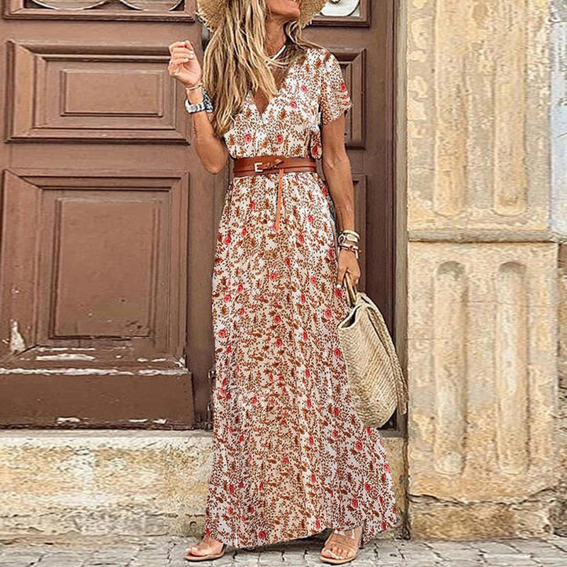 anyfreebie™-Autumn Dress 2024 Women New Fashionable Bohemian V-neck Floral Print Long Dress Female Short Sleeve Sexy High Split Maxi Dresses