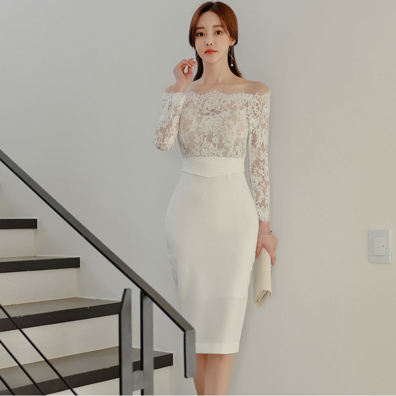 anyfreebie™-new arrival fashion korean spring midi party dress women OL temperament lace perspective sexy off-shoulder holiday pencil dress