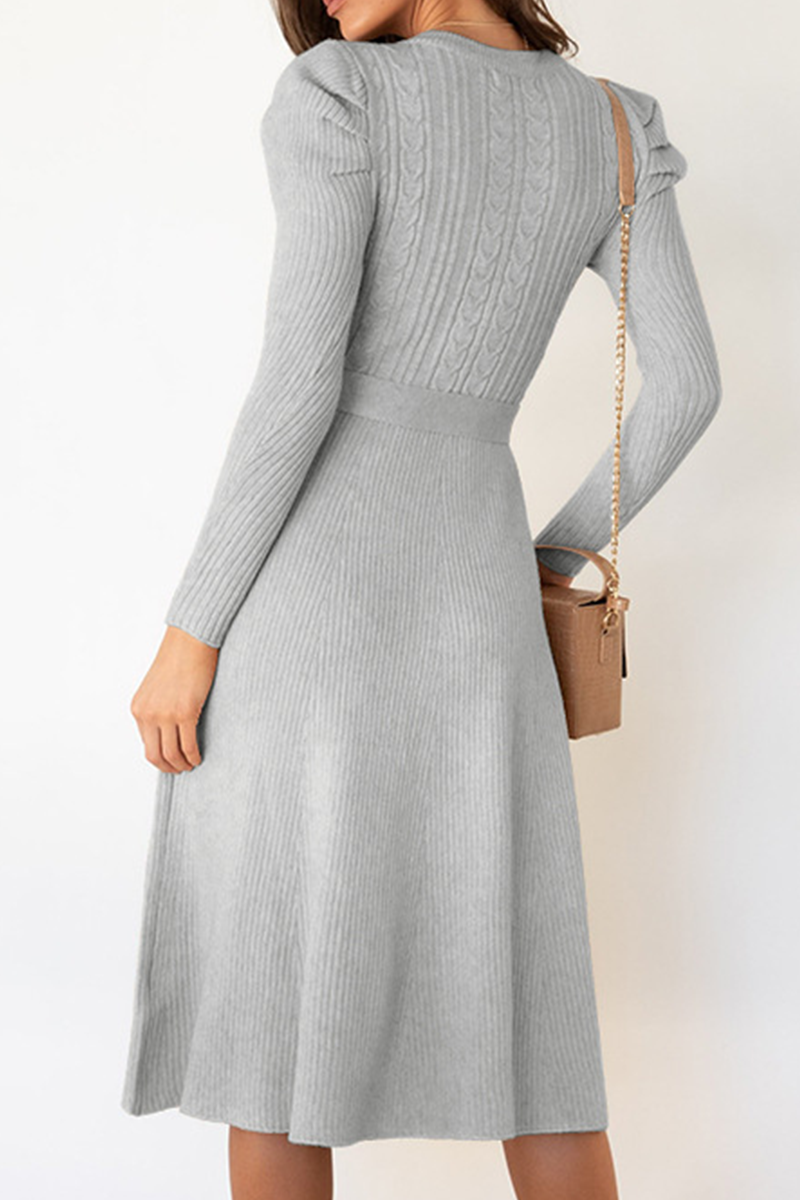 anyfreebie™-Elegant Solid With Belt O Neck Sweater Dresses