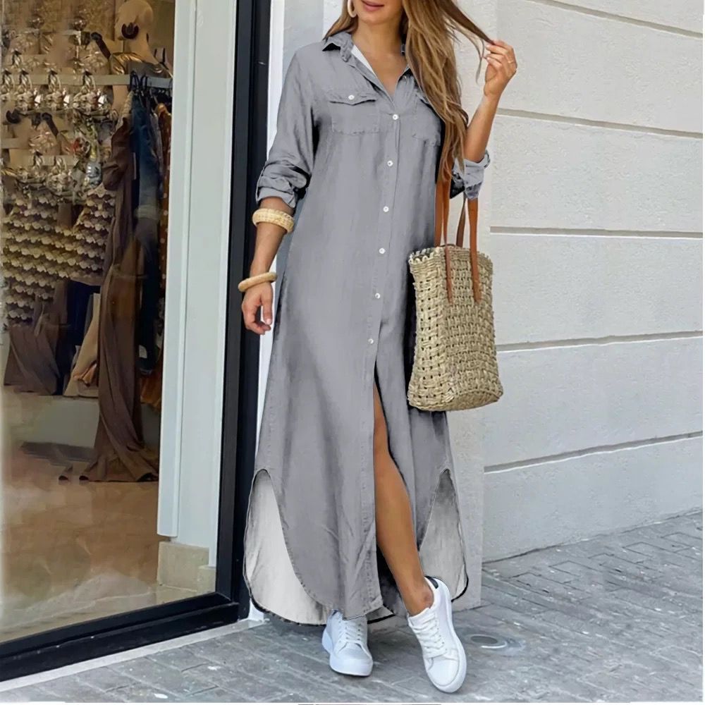 anyfreebie™- Casual Long Shirt Dress Autumn Women Long Sleeve Maxi Dresses Laides Turn-down Collar Office Dresses Loose Sundress Robe Longue