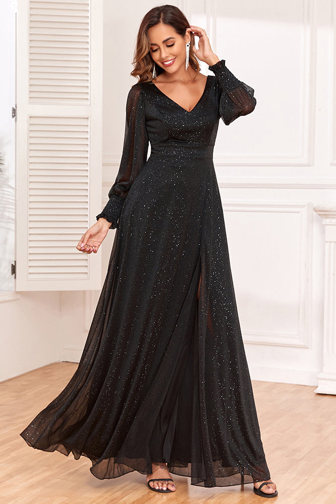 anyfreebie™-V-neck high slit big A-line sparkling evening dress