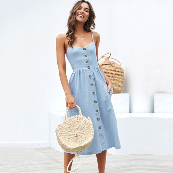 anyfreebie™- Boho Sexy Floral Dress Summer Vintage Casual Sundress Female Beach Dress Midi Button Backless Polka Dot Striped Women Dress