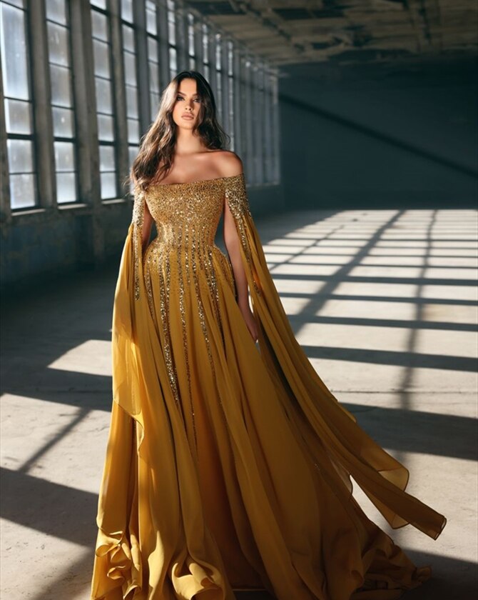 anyfreebie™- Elegant Ginger Yellow Sequined A-line Chiffon Evening Dresses With Long Split Batwing Sleeve Boat Neck Long Evening Gowns