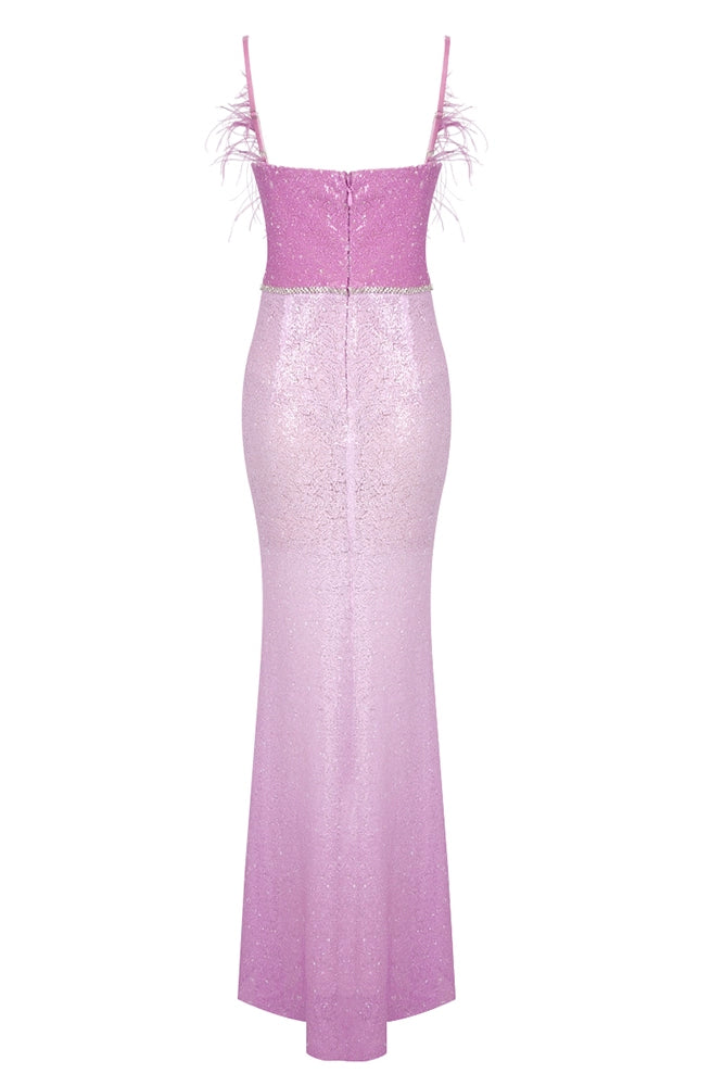 anyfreebie™-Purple Feather Semi-transparent Mesh Heavy Work Dress-vx