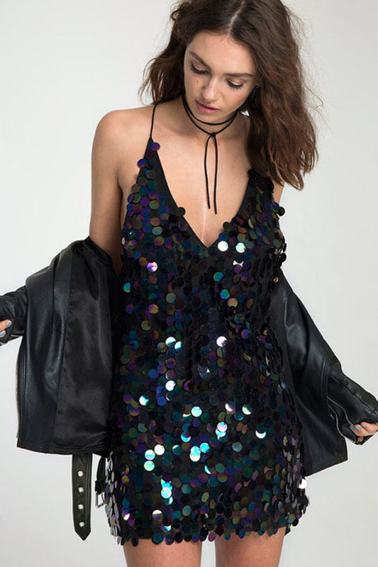 anyfreebie™- Sexy Sequin V Neck Backless Mini Dress