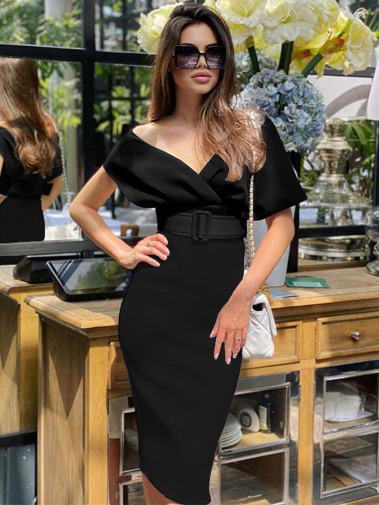 anyfreebie™-Off The Shoulder Belt Midi Dress Black