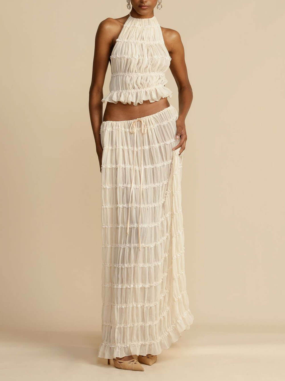 anyfreebie™-Charm Pleated Drawstring Waist Tiered Maxi Skirt