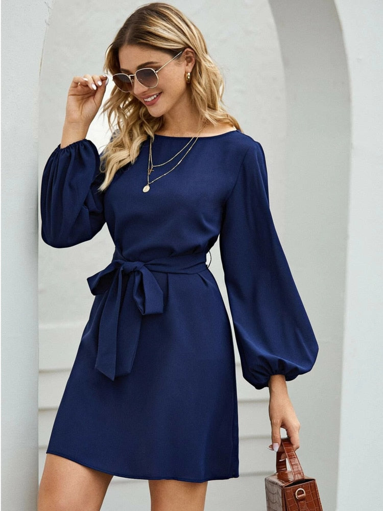 anyfreebie™-Women Midi Dress Fashion Comfortable Atmosphere Drawstring Lantern Sleeve Mini A-line Skirt Dress Summer New