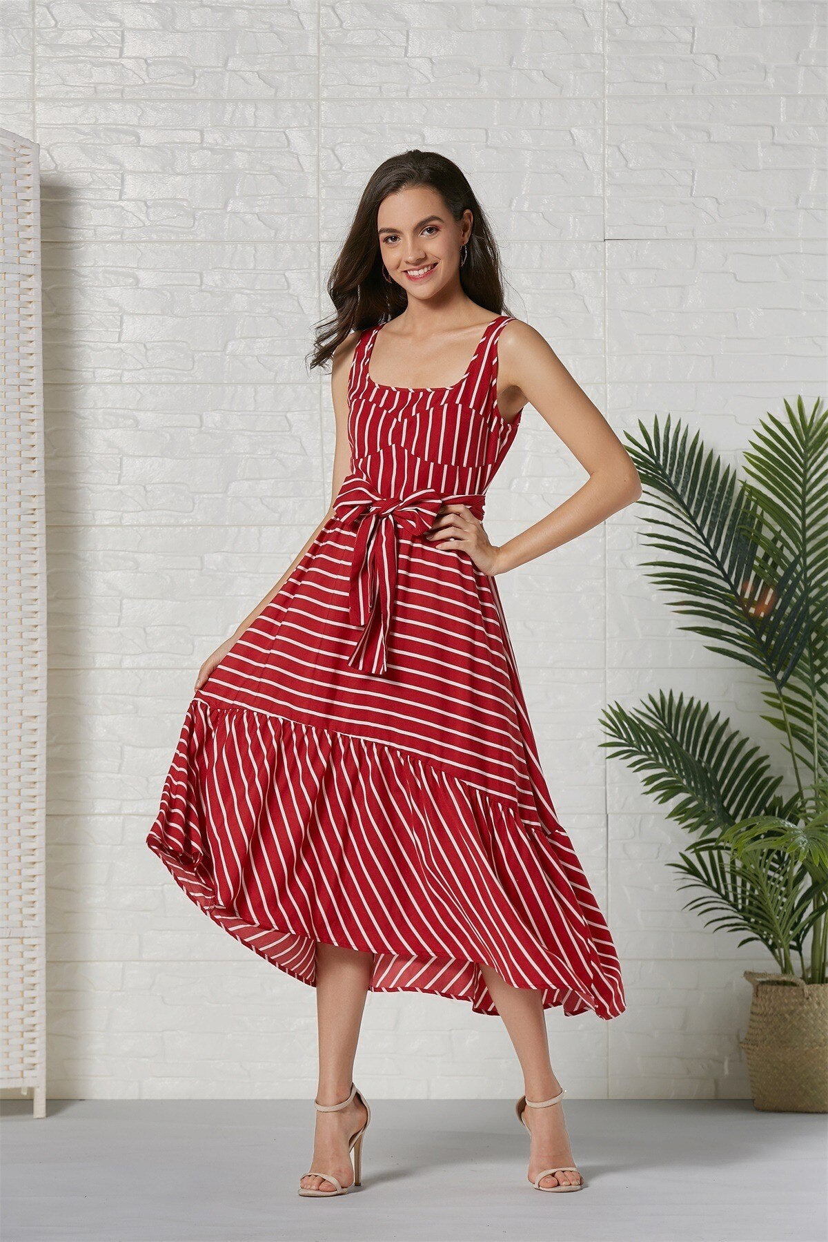 anyfreebie™- Women Dress Striped 2024 summer beach dress Bohemia Dress Sexy Long Maxi Dresses Bow Lace Up Ruffles Long Summer Dress